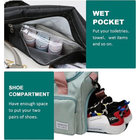 Small Gym Bag for Women, Travel Duffle Bag Carry On Weekender Bag with Shoe Comp - Picture 5 of 6